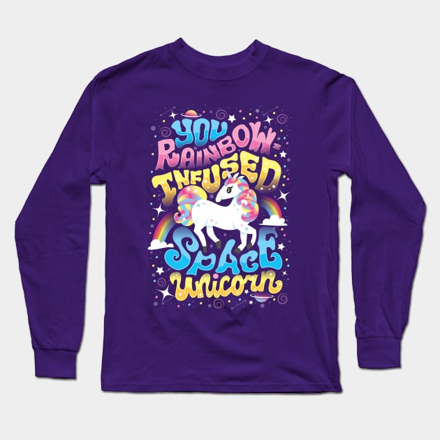 Rainbow-infused Space Unicorn Long Sleeve T-Shirt by risarodil